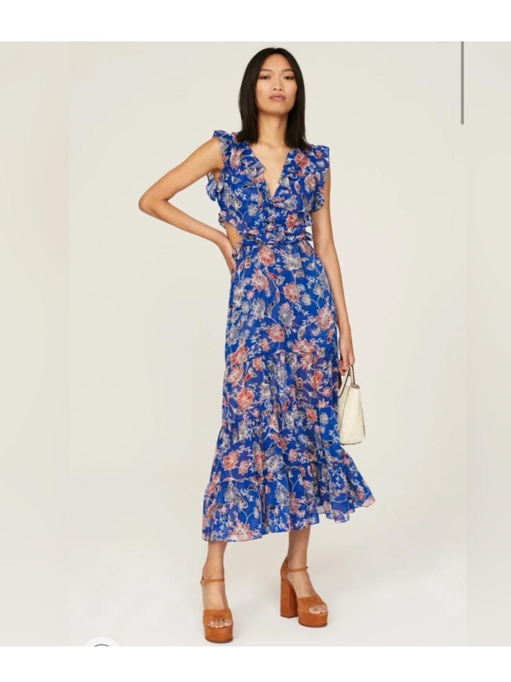 MISA Los Angeles Blue Floral Maxi Dress Ruffle Details + Side Cut Outs Sz: S